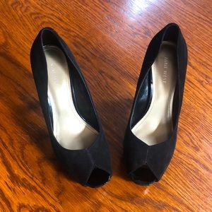 Nine West black suede patent heels.
